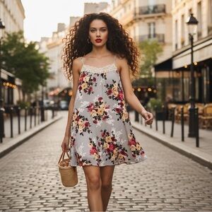 UMGEE Boho Floral Lace Trim Mini Dress - Gray Red Yellow - Size S